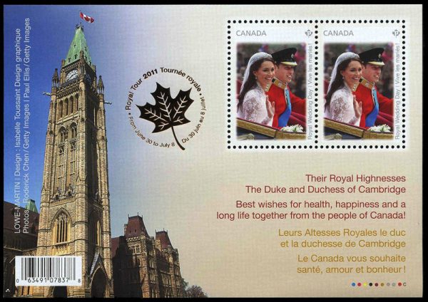 Canada Stamp #2477b - Wedding Day (2011) 2 x P(59¢) Souvenir sheet of 2, with Canada's Parliament Building at left and Royal Tour emblem overprint