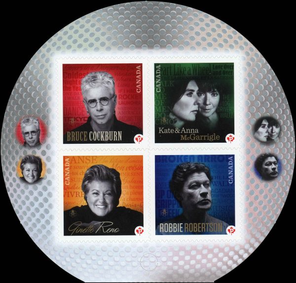 Canada Stamp #2483 - Canadian Recording Artists (2011) 4 x P (59¢) Booklet pane of 4 stamps (#2483a-d) (BK460), with Bruce Cockburn at upper left