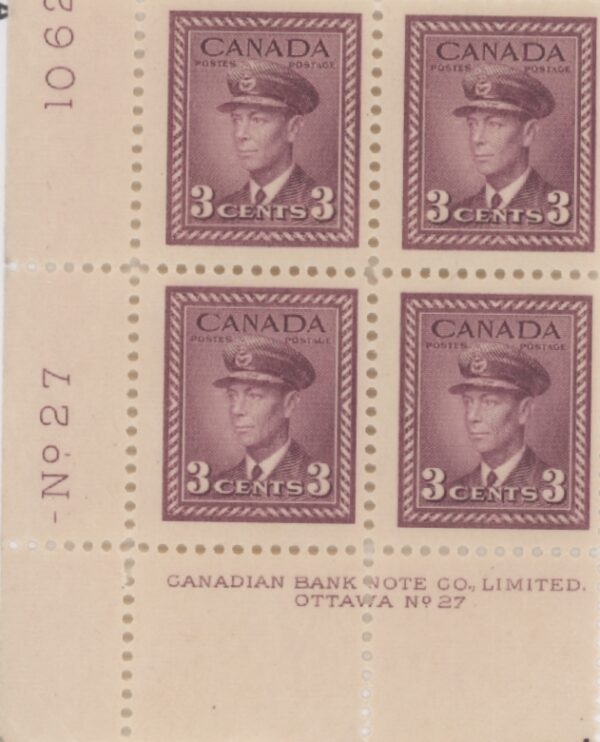 Canada Stamp PB#252 (PL27) - King George VI in Airforce Uniform (1943) 3¢