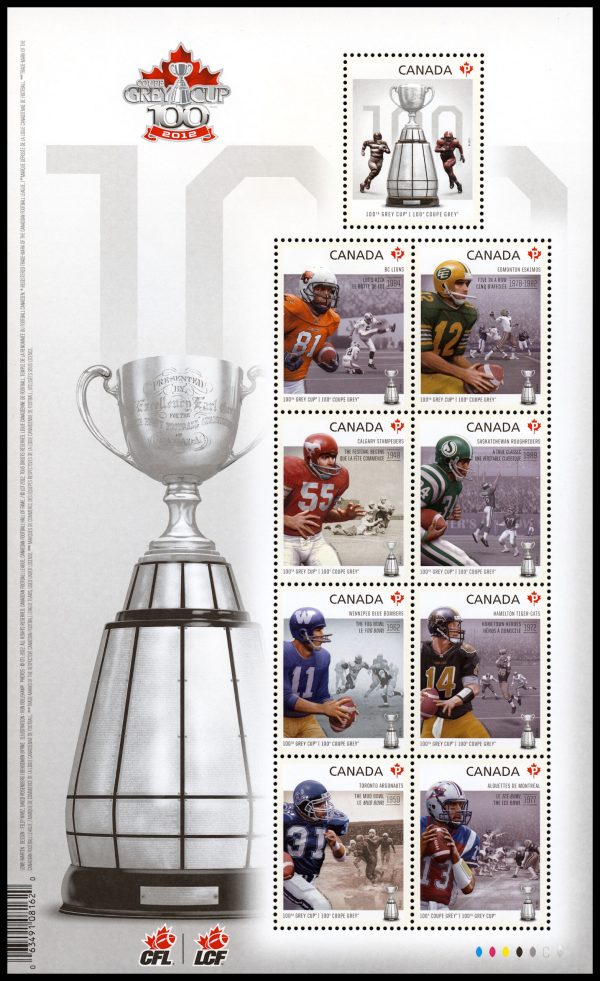 Canada Stamp #2567 - 100th Grey Cup Game (2012) $5.49 Souvenir sheet of 9 stamps