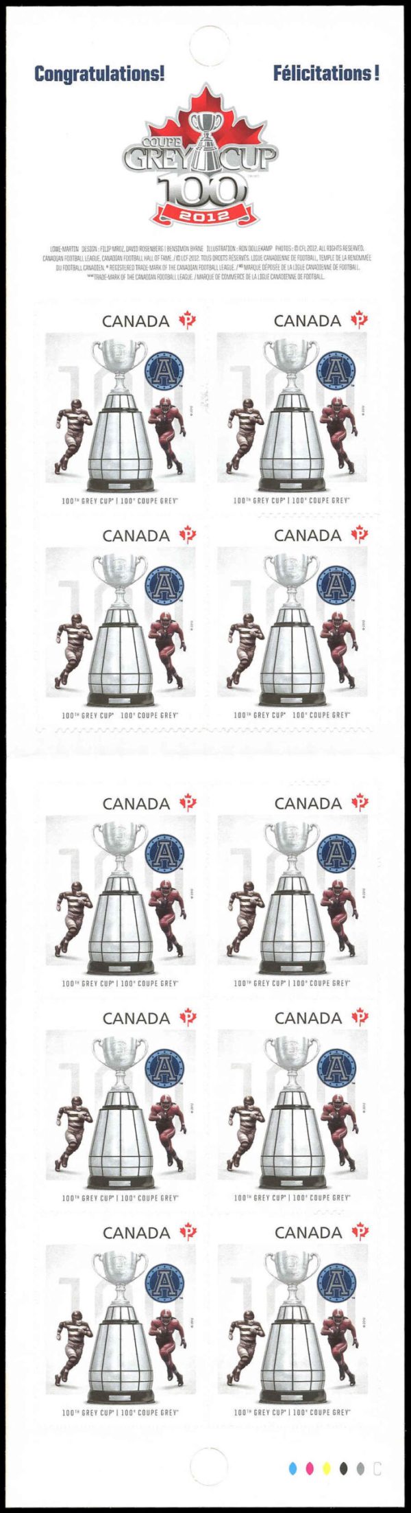 Canada Stamp #2598a - Grey Cup with Toronto Argonauts Logo Overprint (2012) 10 x P (61¢) Booklet pane of 10 stamps (#2598) (BK516)