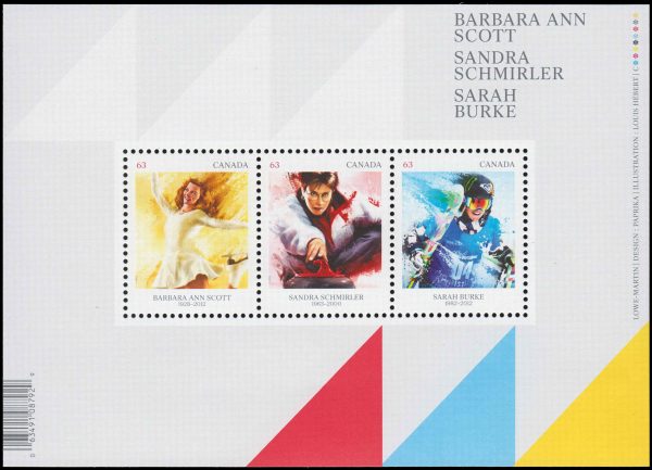 Canada Stamp #2704 - Pioneers of Winter Sports (2014) $1.89 Souvenir sheet of 3 stamps