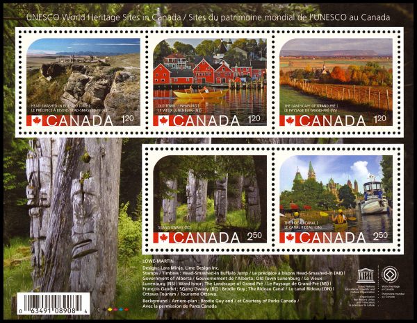 Canada Stamp #2739 - Unesco World Heritage Sites in Canada (2014) $8.60 Souvenir sheet of 5 stamps
