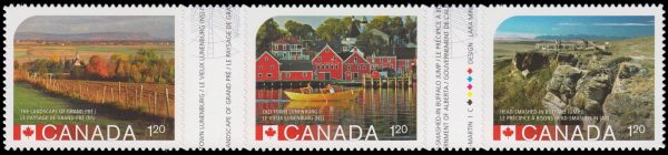 Canada Stamp #2742i - Unesco World Heritage Sites in Canada (2014) 3 x $1.20 Strip of 3 stamps (2740-2742), die cut to shape from Quarterly Pack