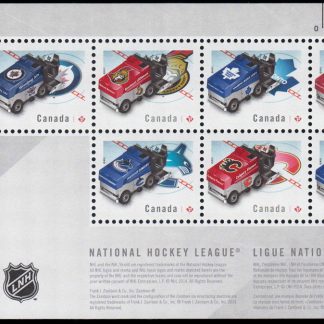 Canada Stamp #2778 - NHL Zamboni Ice Resurfacing Machines (2014) $5.95 Souvenir sheet of 7 stamps (2778a, 2778b, 2778c, 2778d, 2778e, 2778f, 2778g)