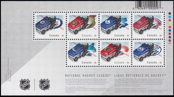 Canada Stamp #2778 - NHL Zamboni Ice Resurfacing Machines (2014) $5.95 Souvenir sheet of 7 stamps (2778a, 2778b, 2778c, 2778d, 2778e, 2778f, 2778g)
