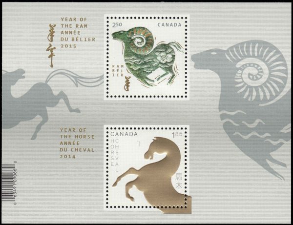 Canada Stamp #2802a - Ram (2015) $4.35 Souvenir sheet of 2 stamps (2700, 2802i)