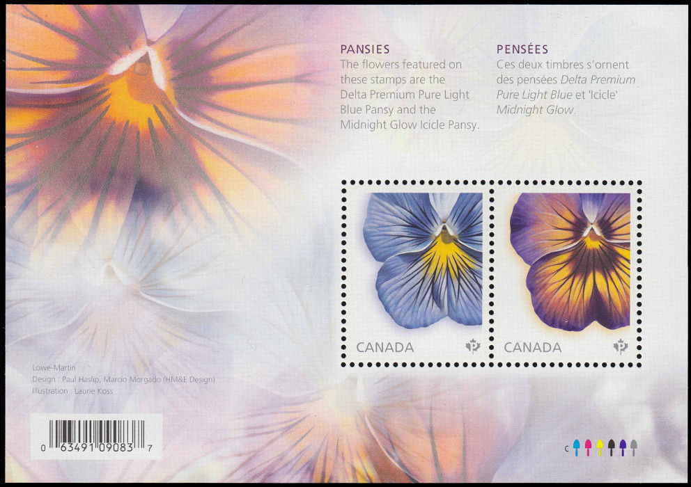 Canada Stamp #2809 - Pansies (2015) $1.70 Souvenir sheet of 2 stamps (2809a, 2809b)