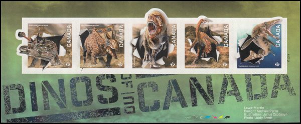 Canada Stamp #2823 - Dinos of Canada (2015) $4.25 Souvenir sheet of 5 stamps (2823a, 2823b, 2823,c, 2823d, 2823e)