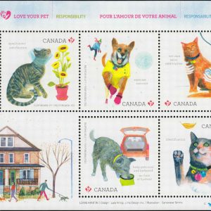 Canada Stamp #2829 - Love Your Pet (2015) $4.25 Souvenir sheet of 5 stamps (2829a, 2829b, 2829c, 2829d, 2829e)