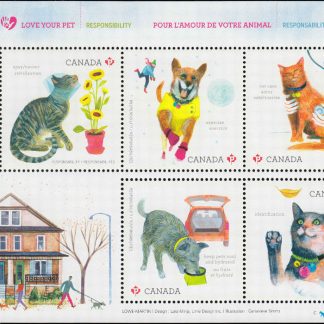 Canada Stamp #2829 - Love Your Pet (2015) $4.25 Souvenir sheet of 5 stamps (2829a, 2829b, 2829c, 2829d, 2829e)