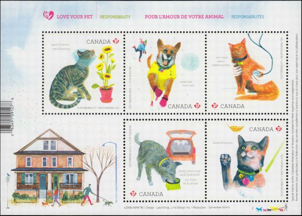 Canada Stamp #2829 - Love Your Pet (2015) $4.25 Souvenir sheet of 5 stamps (2829a, 2829b, 2829c, 2829d, 2829e)