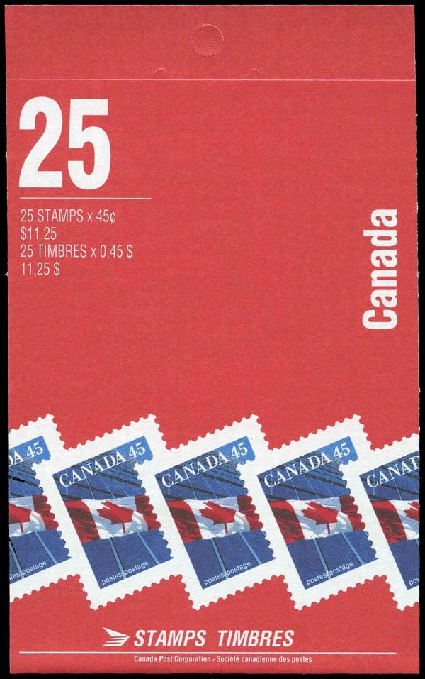 Canada Stamp Booklet - #BK178A Flag over Building (1995) 25 x 45¢ Booklet of 25 stamps (#1361e in cover), 50% recycle symbol on back cover (Copy)
