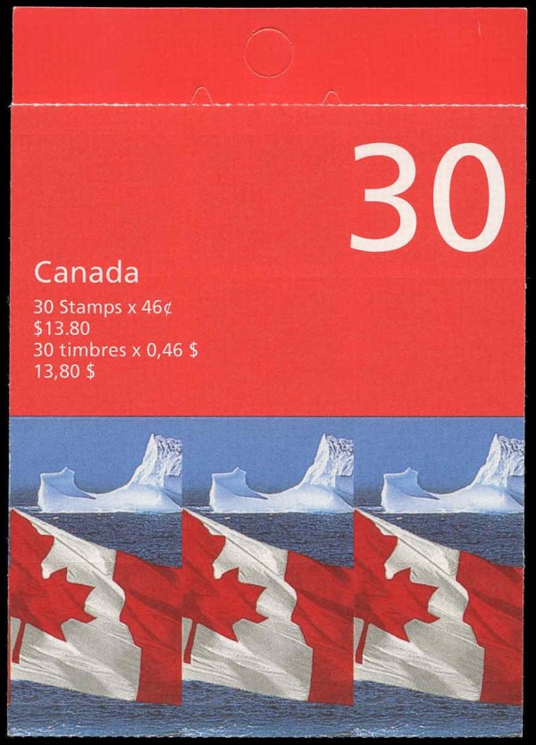 Canada Stamp #1698a - Flag over Iceberg (1998) 30 x 46¢ Booklet pane of 30 stamps (#1698) (BK215) (Press sensitive logo on front cover)