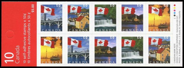 Canada Stamp Booklet - #BK302 Flags (2004) 10 x 50¢ Booklet of 10 stamps (#2080a in cover), Wide roulette (5 slits per pane)