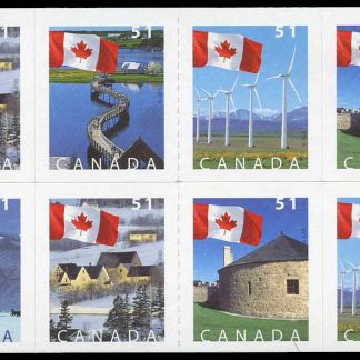 Canada Stamp #2139a - Flags (2005) 10 x 51¢ Booklet pane of 10 stamps (2 x #2135-9) (BK317a), with roulettes