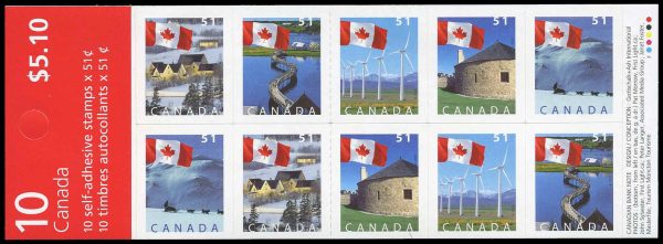 Canada Stamp #2139a - Flags (2005) 10 x 51¢ Booklet pane of 10 stamps (2 x #2135-9) (BK317a), with roulettes
