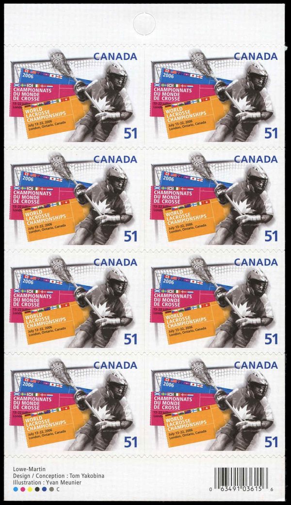 Canada Stamp #2161a - Lacrosse player (2006) 8 x 51¢ Booklet pane of 8 stamps (#2161) (BK331)