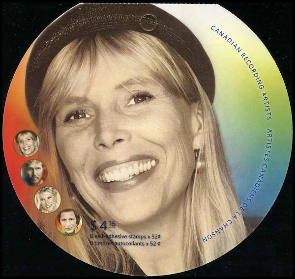 Canada Stamp #2222i - Canadian Recording Artists (2007) 8 x 52¢ Booklet pane of 4 stamps (#2222a-d) (BK352), with Joni Mitchell at upper left