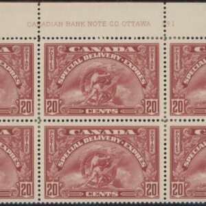 Canada Stamp - PLATE BLOCK- (UL) - E - Special Delivery #E6 - Confederation Issue (1935) 20¢