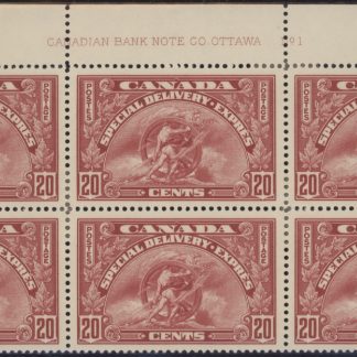 Canada Stamp - PLATE BLOCK- (UL) - E - Special Delivery #E6 - Confederation Issue (1935) 20¢