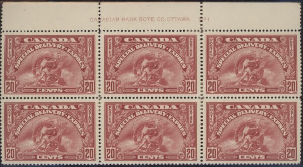 Canada Stamp - PLATE BLOCK- (UL) - E - Special Delivery #E6 - Confederation Issue (1935) 20¢