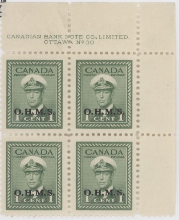 Canada Stamp - O - Official #O1 - King George VI, War Issue (1949) 1¢ O.H.M.S. (MLH) PL30-U/PL31-L