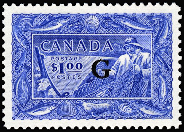Canada Stamp - O - Official #O27 - Fisherman (1951) $1.00 Overprinted "G" (b)
