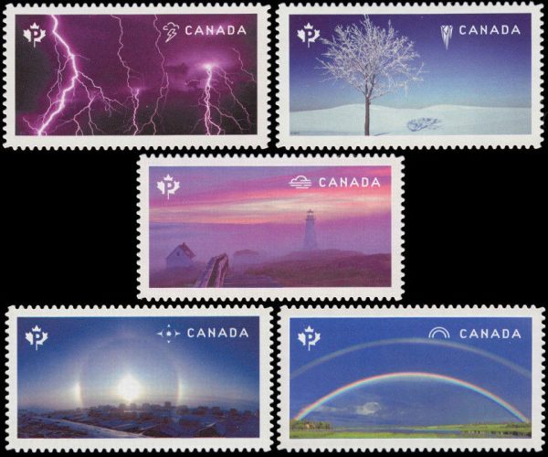 Canada Stamp #2839i-43i - Weather Wonders (2015) 5 x P (85¢) Set of 5 stamps (2839i, 2840i, 2841i, 2842i, 2843i)Die Cut to Shape from Quarterly Pack