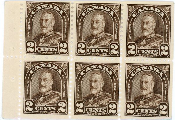 Canada Stamp #166c - King George V (1931) 6 x 2¢ Booklet pane of 6 stamps (#166cs) (BK17), Die I