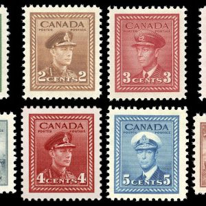 Canada Stamp #249-56 - King George VI - War Issue (1942) 1 x 1¢, 1 x 2¢, 2 x 3¢, 2 x 4¢, 1 x 5¢, 1 x 8¢ Set of 8 (GRADE VF-MLH)