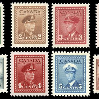 Canada Stamp #249-56 - King George VI - War Issue (1942) 1 x 1¢, 1 x 2¢, 2 x 3¢, 2 x 4¢, 1 x 5¢, 1 x 8¢ Set of 8 (GRADE VF-MLH)