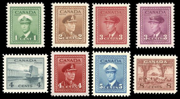 Canada Stamp #249-56 - King George VI - War Issue (1942) 1 x 1¢, 1 x 2¢, 2 x 3¢, 2 x 4¢, 1 x 5¢, 1 x 8¢ Set of 8 (GRADE VF-MLH)