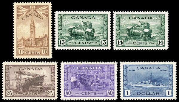 Canada Stamp SET#257-62 - King George VI - War Issue (1942) 10¢, 13¢, 14¢, 20¢, 50¢ & 1$ Set of 6 (GRADE VF-MLH)