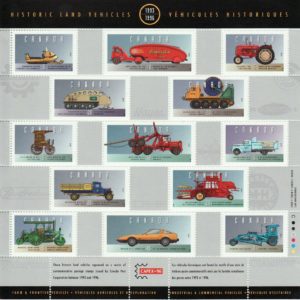 Canada Stamp #1605 - Historic Land Vehicles Collection-5 (1996) 10 x 5¢, 4 x 10¢, 10 x 20¢, 1 x 45¢ Pane of 25 stamps + 20 labels