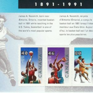 Canada Stamp #1344 - Basketball (1991) 1 x 40¢, 1 x 46¢, 1 x 80¢ Souvenir Sheet of 3