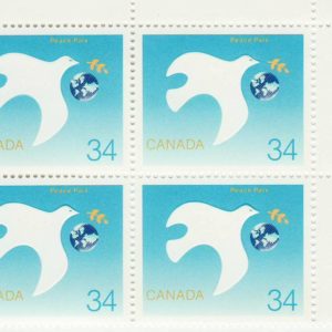 Plate Block of Canada Stamp #1110 - Symbolic dove protecting the earth (1986) 34