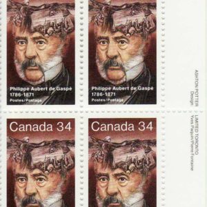 Plate Block of Canada Stamp #1090 - Philippe Aubert de Gaspé (1986) 34¢