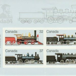 Canada Stamp #1039a - Canadian Locomotives (1860-1905)-2 (1984) 2 x 32¢, 1 x 37¢, 1 x 64¢ Souvenir Sheet of 4