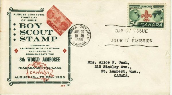 Canada FDC - 1955 - Boy Scouts 8th World Jamboree sachet, Scott# 356, JCR Cover
